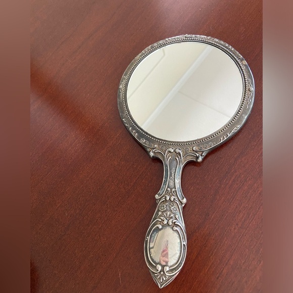 Vintage Art Deco Victorian Style Silver Plate Metal Hand Mirror Heavy 9 1/2" - Picture 3 of 10